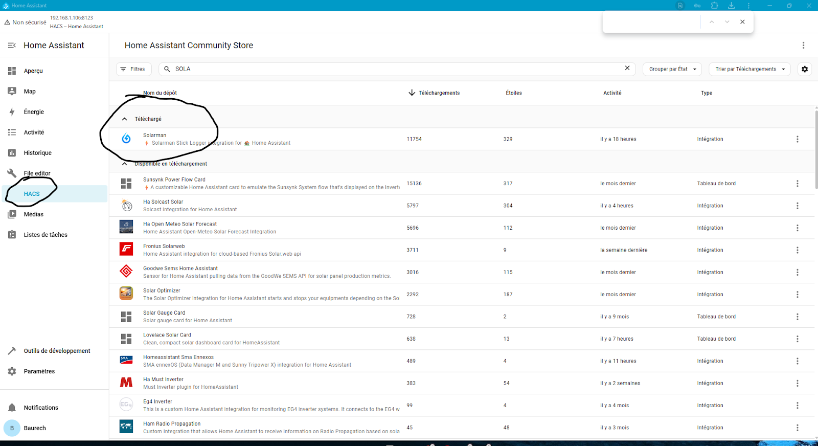 HACS Solarman dans HA